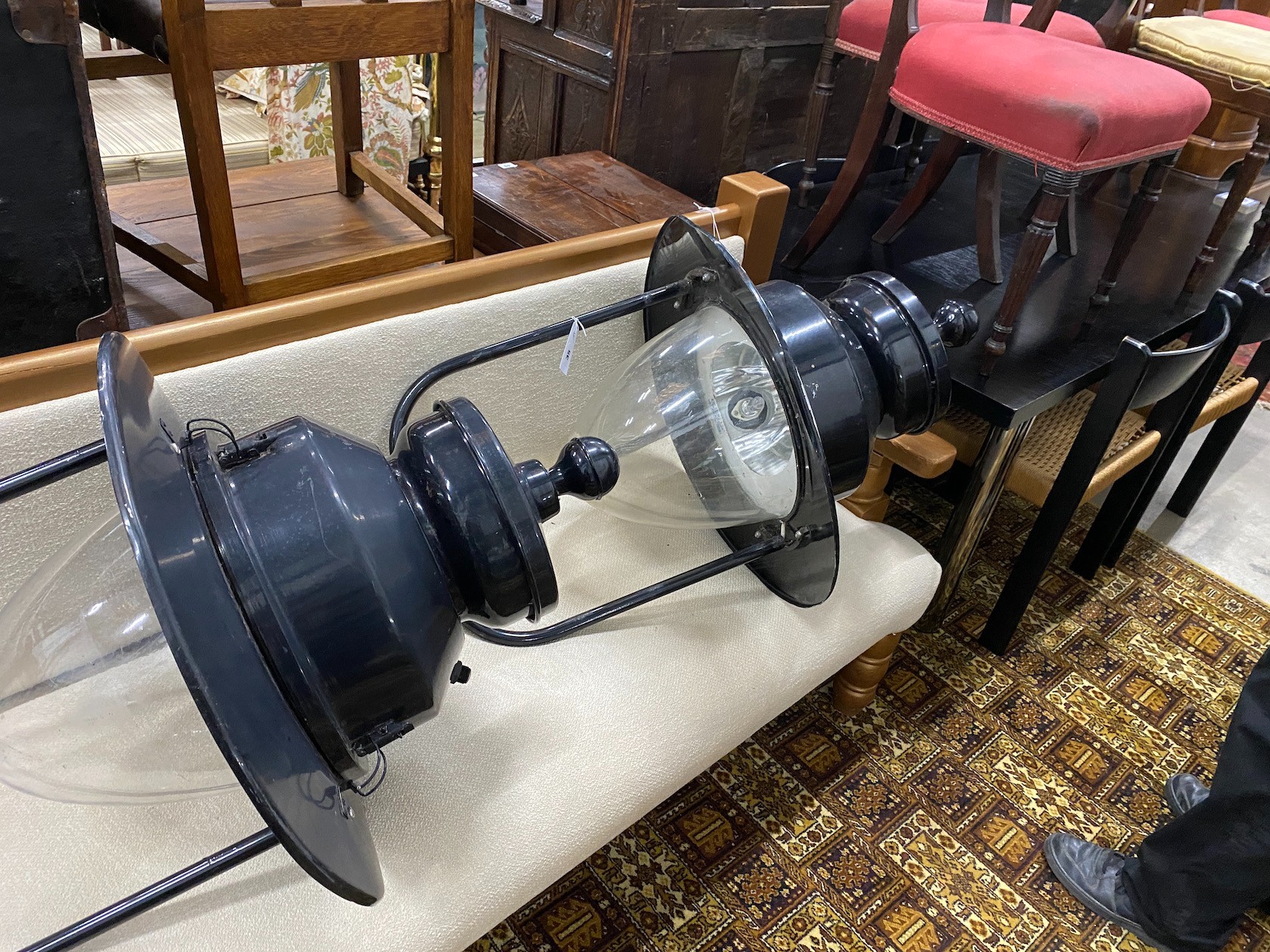 A pair of industrial style lanterns with perspex shades, height 108cm